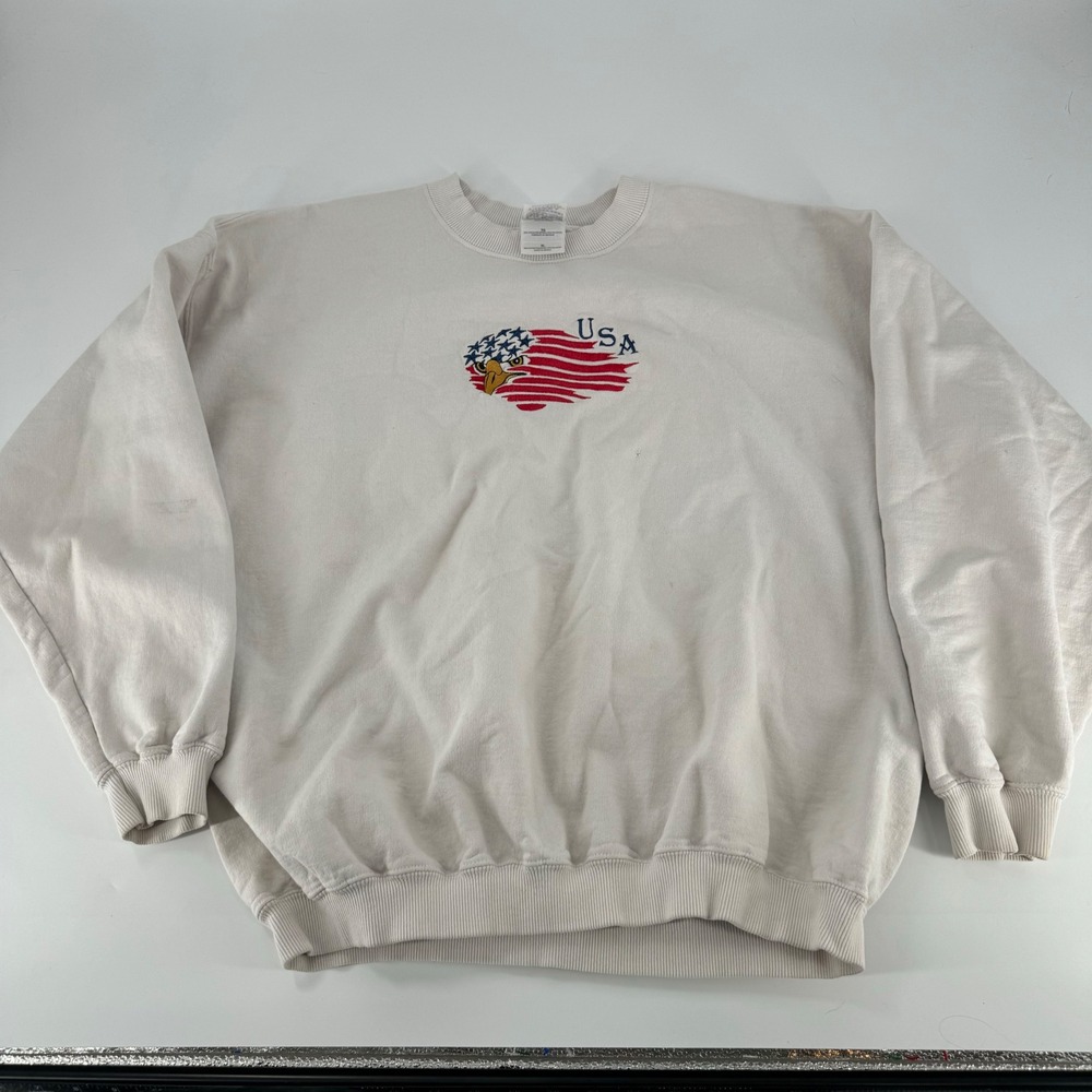 Vintage Gildan Ultra‎ Cotton USA Eagle Flag Embroidered Sweatshirt Mens XL White